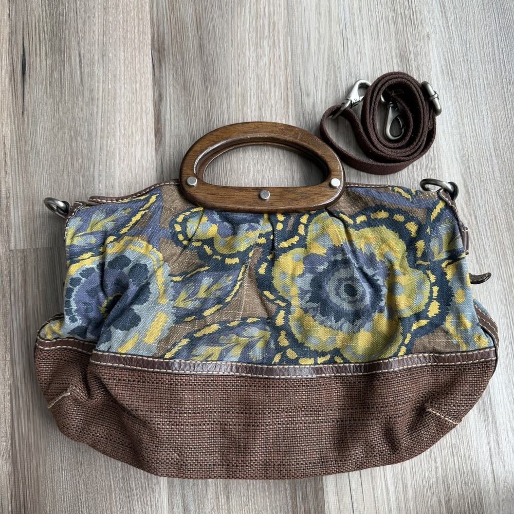 Vintage Y2K Fossil Satchel Hobo Bag Canvas Fabric Leather Wood Handle Crossbody